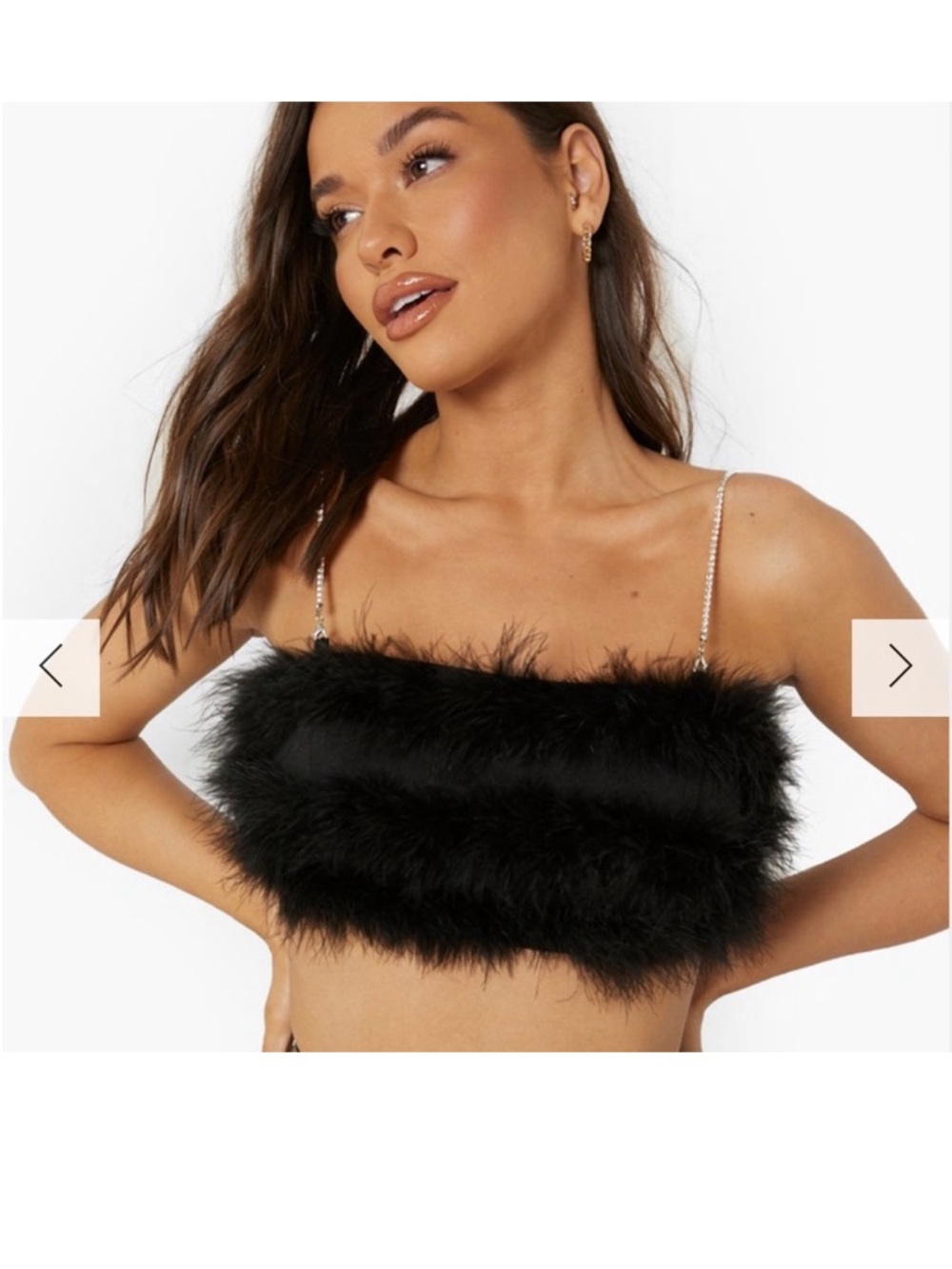 Boohoo Black Feather-Trim Crystal Strap | Diamante Strap Feather Crop Top